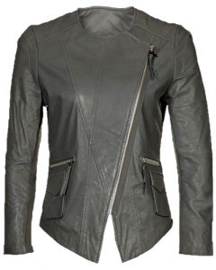 Collarless Grey Leather Jacket For Women