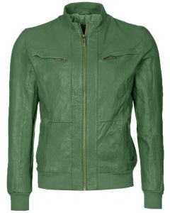 Green Bomber Leather Jacket Men