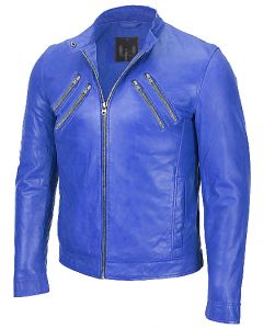 men blue leather jacket front