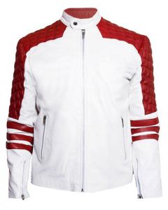 Red and White Quilted Leather Jacket Men